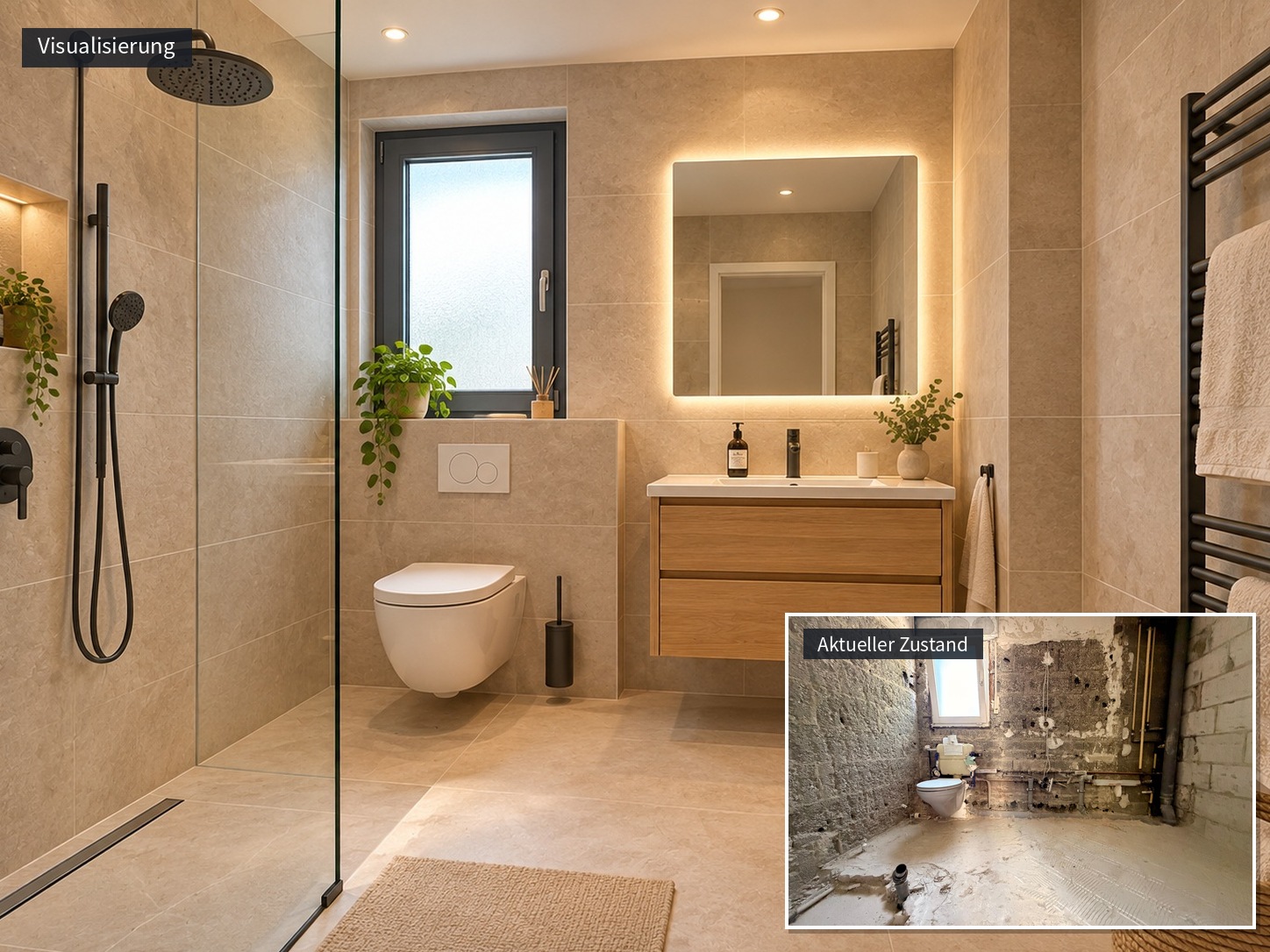 Badezimmer im Erdgeschoss, Visualisierung und aktueller Zustand