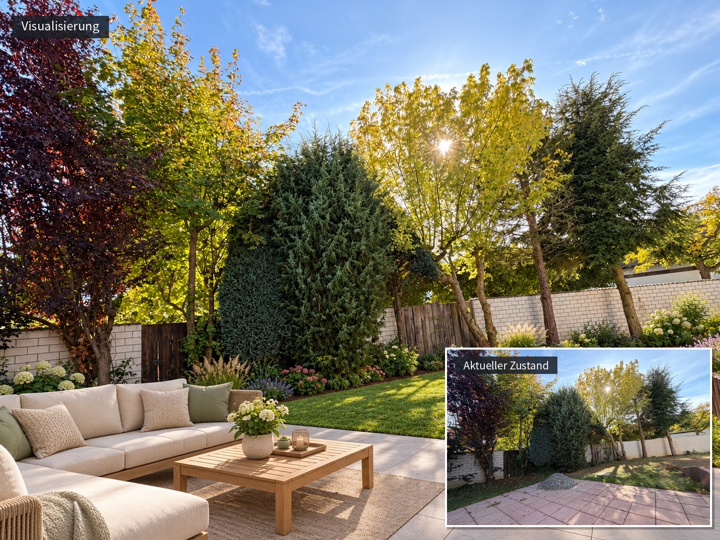 Garten mit Terrasse, Visualisierung und aktueller Zustand