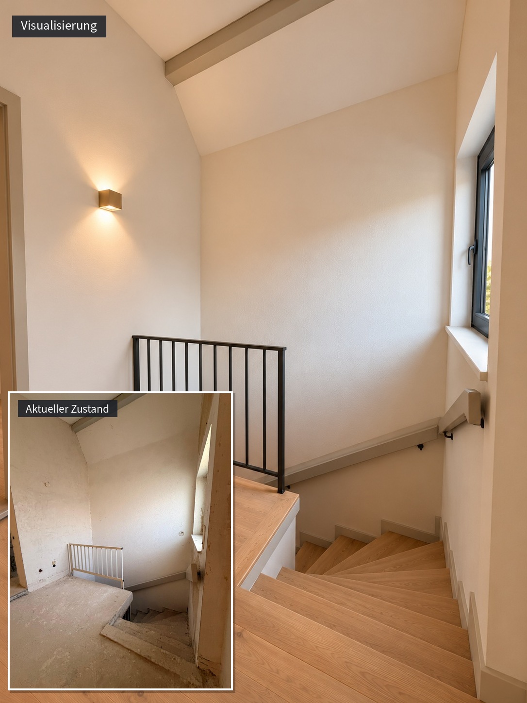 Treppe vom Eingangsflur ins Souterrain, Visualisierung und aktueller Zustand